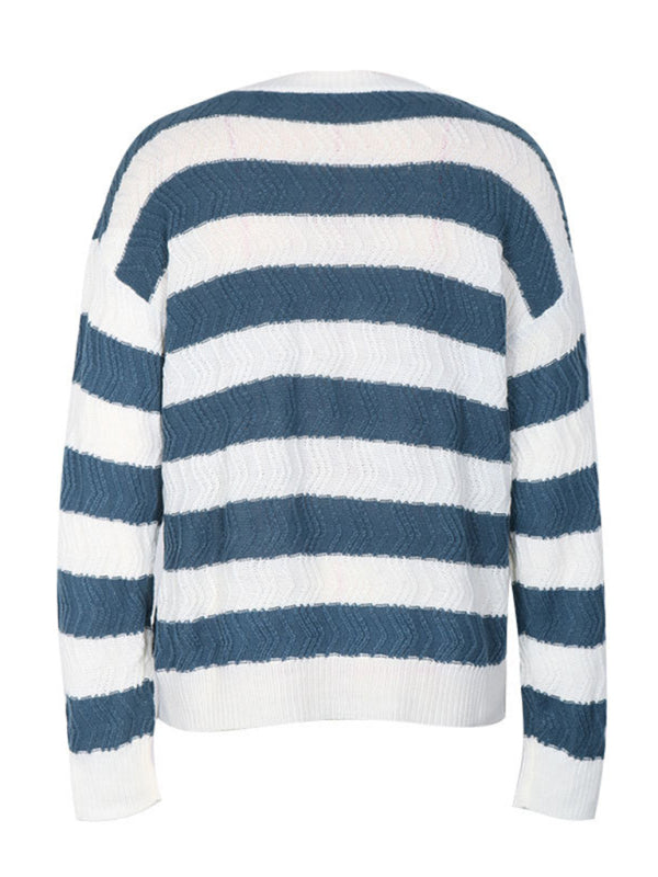 Sweaters-Striped Chevron Knit Sweater with Drop Shoulder-Pekosa Women Clothing