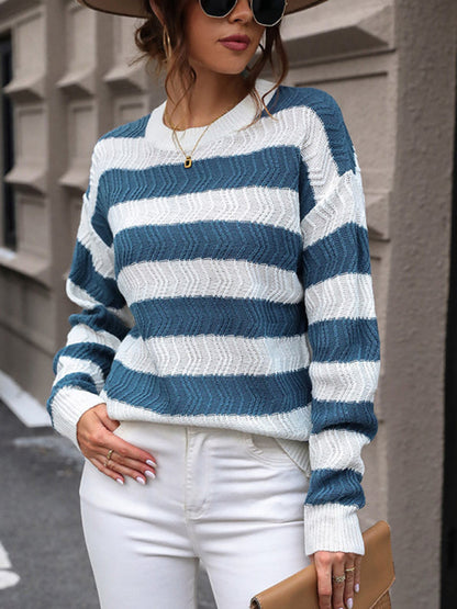 Sweaters-Striped Chevron Knit Sweater with Drop Shoulder-Pekosa Women Clothing