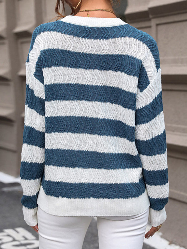 Sweaters-Striped Chevron Knit Sweater with Drop Shoulder-Pekosa Women Clothing