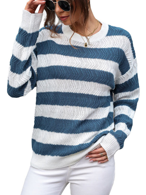 Sweaters-Striped Chevron Knit Sweater with Drop Shoulder-Pekosa Women Clothing