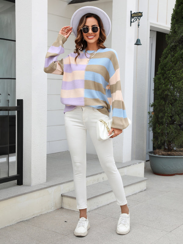 Sweaters-Striped Knit Jumper | Casual Drop Shoulder Sweater-Pekosa Women Clothing