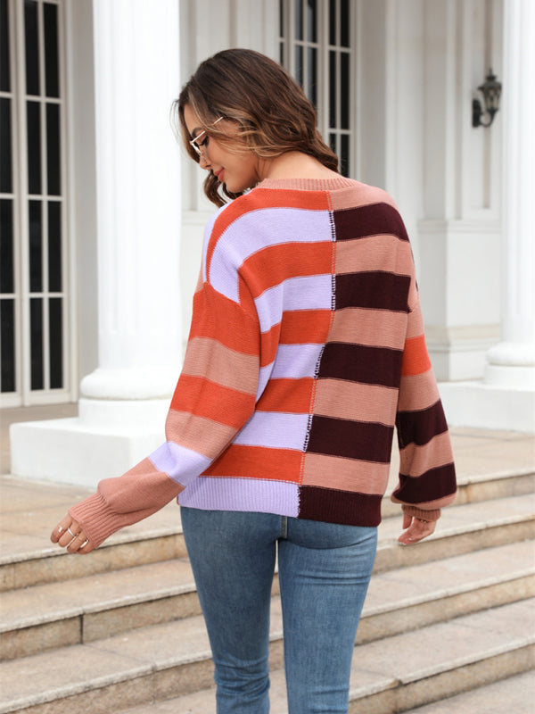 Sweaters-Striped Knit Jumper | Casual Drop Shoulder Sweater-Pekosa Women Clothing