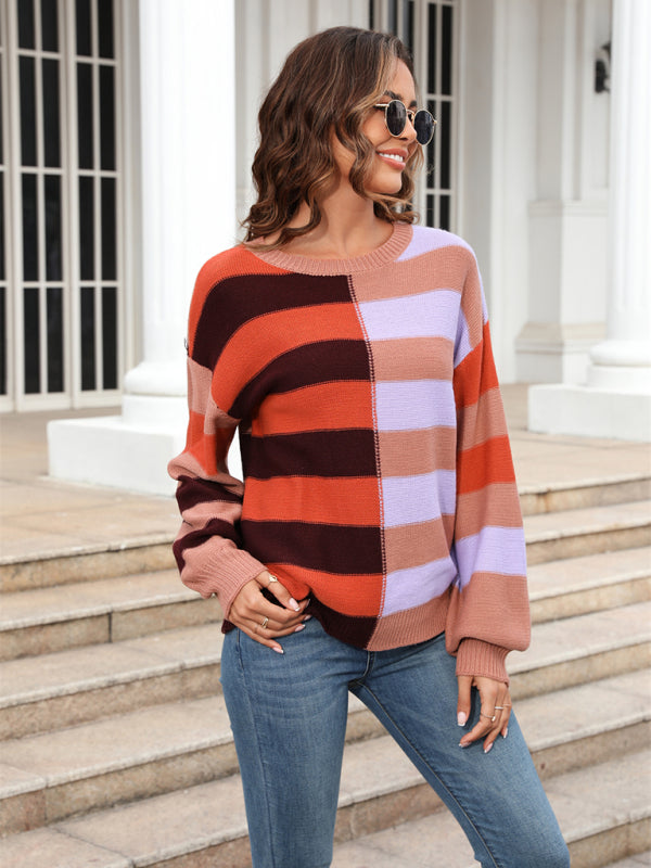 Sweaters-Striped Knit Jumper | Casual Drop Shoulder Sweater-Pekosa Women Clothing