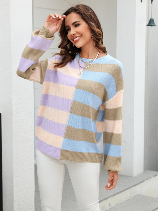 Sweaters-Striped Knit Jumper | Casual Drop Shoulder Sweater-Pekosa Women Clothing