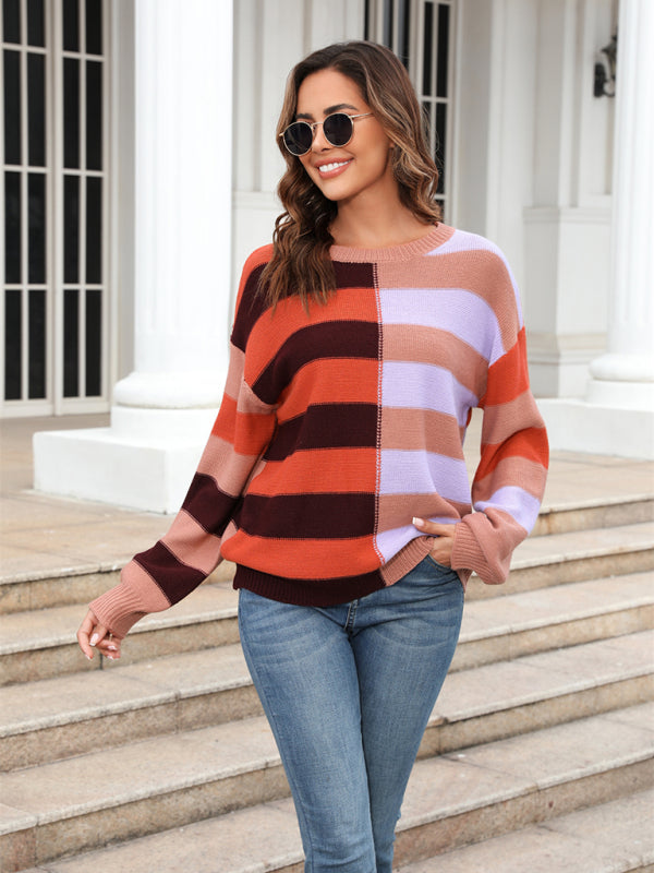 Sweaters-Striped Knit Jumper | Casual Drop Shoulder Sweater-Pekosa Women Clothing