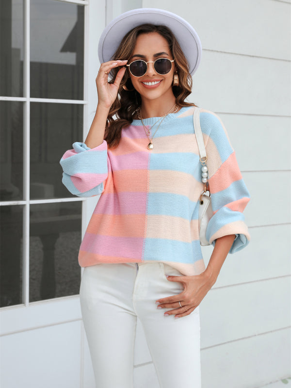 Sweaters-Striped Knit Jumper | Casual Drop Shoulder Sweater-Pekosa Women Clothing