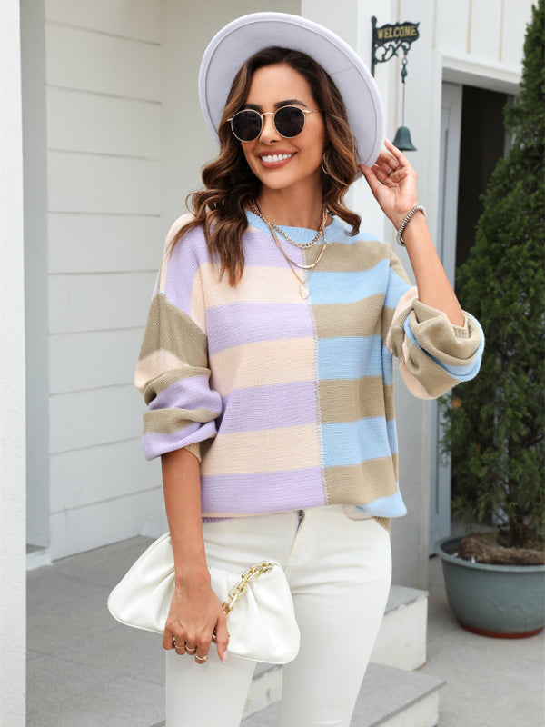 Sweaters-Striped Knit Jumper | Casual Drop Shoulder Sweater-Pekosa Women Clothing