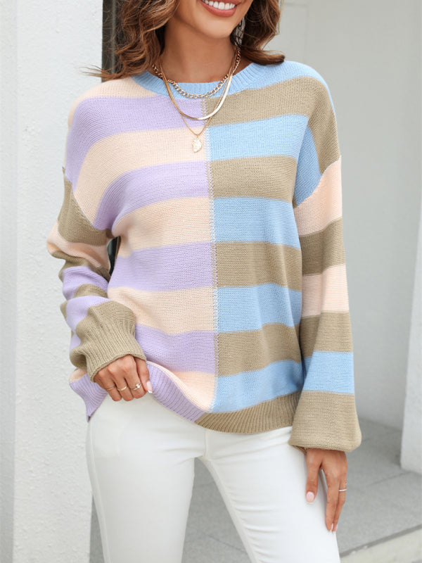 Sweaters-Striped Knit Jumper | Casual Drop Shoulder Sweater-Pekosa Women Clothing