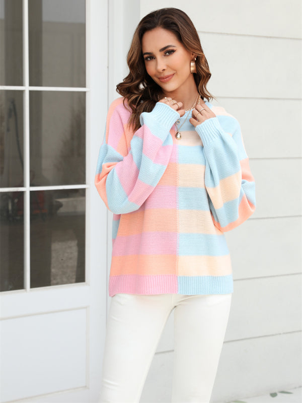 Sweaters-Striped Knit Jumper | Casual Drop Shoulder Sweater-Pekosa Women Clothing