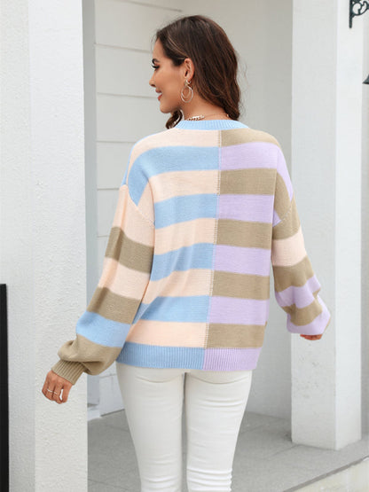 Sweaters-Striped Knit Jumper | Casual Drop Shoulder Sweater-Pekosa Women Clothing