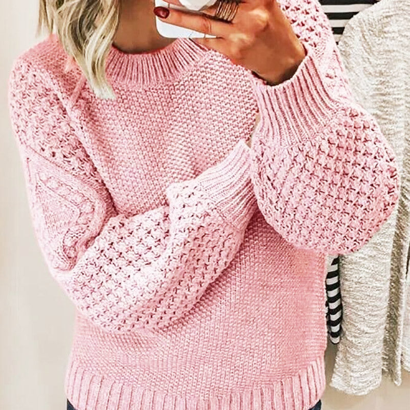 Sweaters- Sweater Season Must-Have: Cozy Round Neck Chunky Knit Jumper- Pink- IndioGear Clothing and Gear