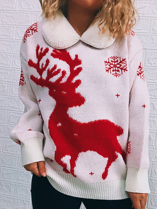 Sweaters- Thanksgiving Feast Mode: Christmas Knit Sweater with Plush Doll Collar- - IndioGear Clothing and Gear