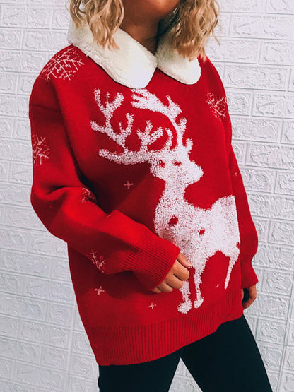 Sweaters- Thanksgiving Feast Mode: Christmas Knit Sweater with Plush Doll Collar- - IndioGear Clothing and Gear