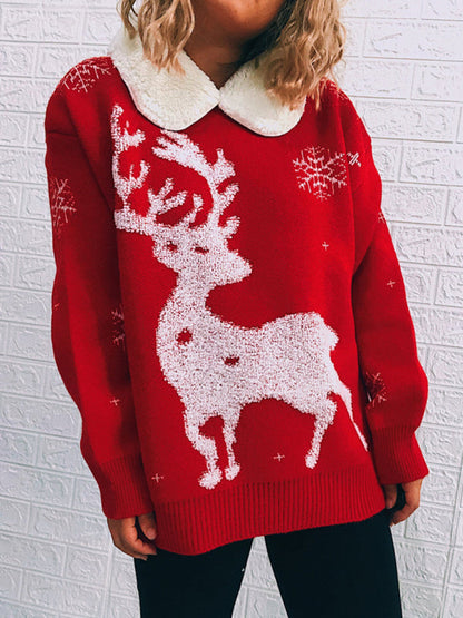 Sweaters- Thanksgiving Feast Mode: Christmas Knit Sweater with Plush Doll Collar- - IndioGear Clothing and Gear