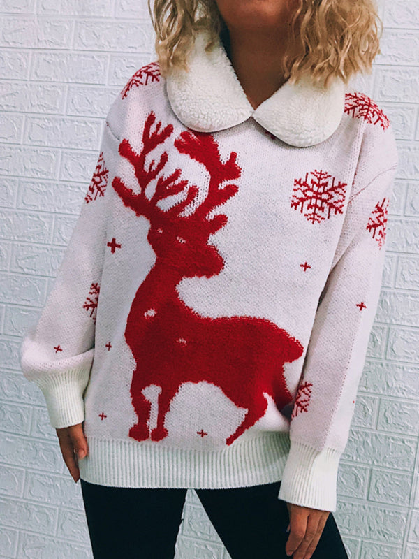 Sweaters- Thanksgiving Feast Mode: Christmas Knit Sweater with Plush Doll Collar- - IndioGear Clothing and Gear