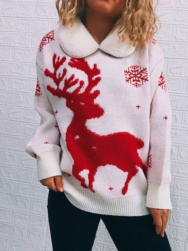 Sweaters- Thanksgiving Feast Mode: Christmas Knit Sweater with Plush Doll Collar- - IndioGear Clothing and Gear