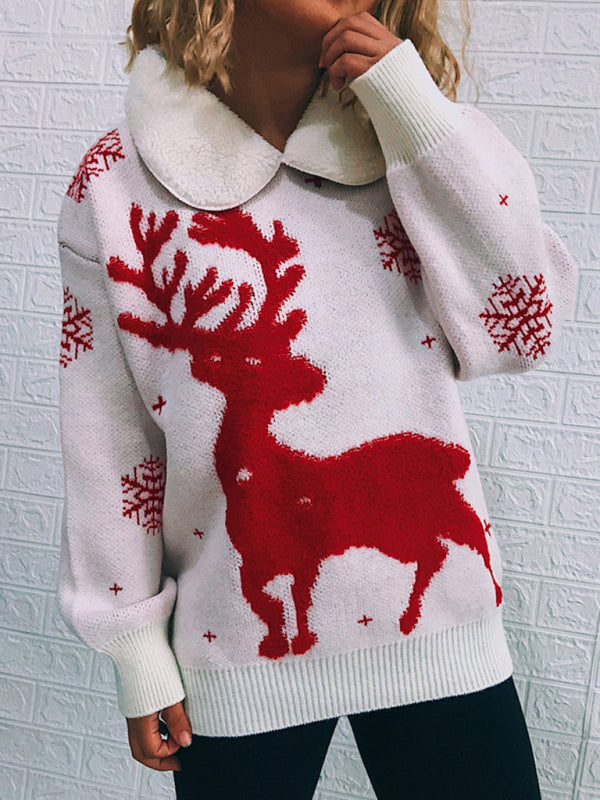 Sweaters- Thanksgiving Feast Mode: Christmas Knit Sweater with Plush Doll Collar- Cream- IndioGear Clothing and Gear