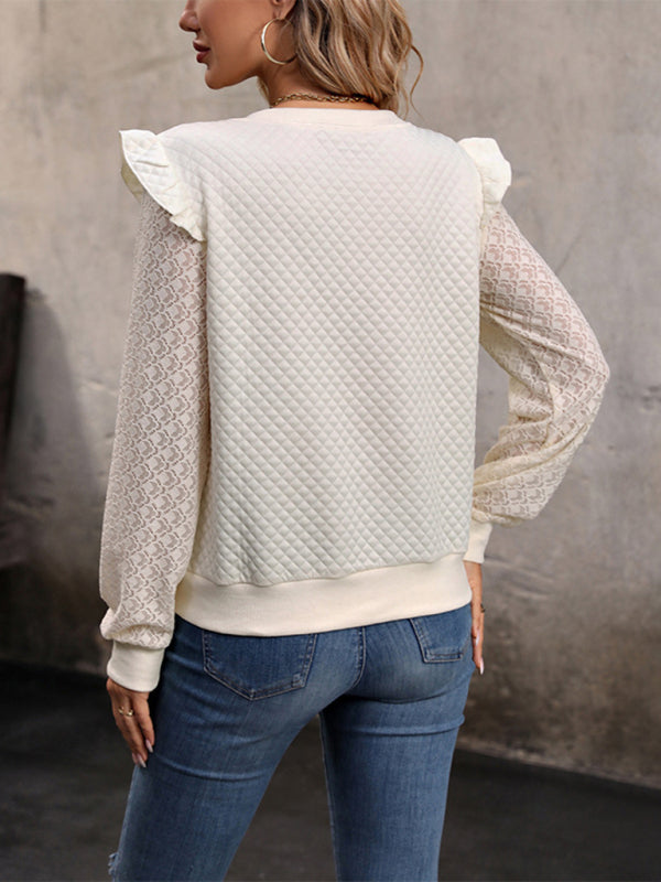 Sweaters Top- Business Casual Knitted Patchwork Lace Sweater Top- - IndioGear Clothing and Gear