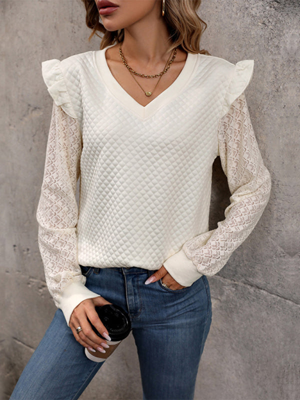 Sweaters Top- Business Casual Knitted Patchwork Lace Sweater Top- Cracker khaki- IndioGear Clothing and Gear