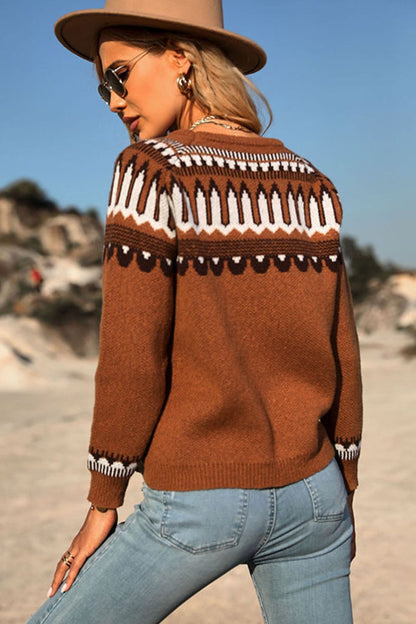 Sweaters- Trendy Aztec Knitwear: Women's Round Neck Sweater- - Pekosa Women Clothing