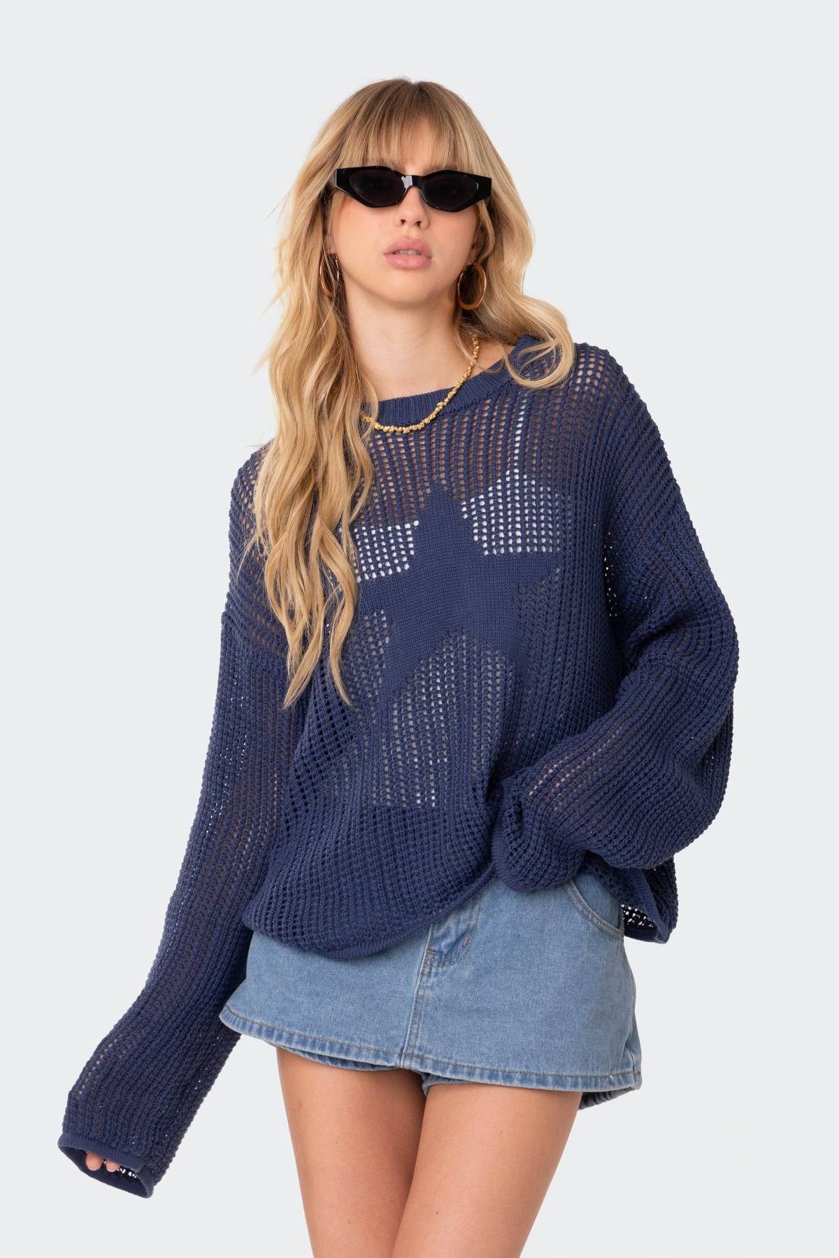 Sweaters- Trendy Hollow Out Knitwear Top - Starry Knit Sweater- Blue- Pekosa Women Clothing