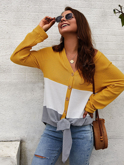 Sweaters- V Neck Knit Sweater Top - Women's Button-down Pullover- Yellow- Pekosa Women Clothing