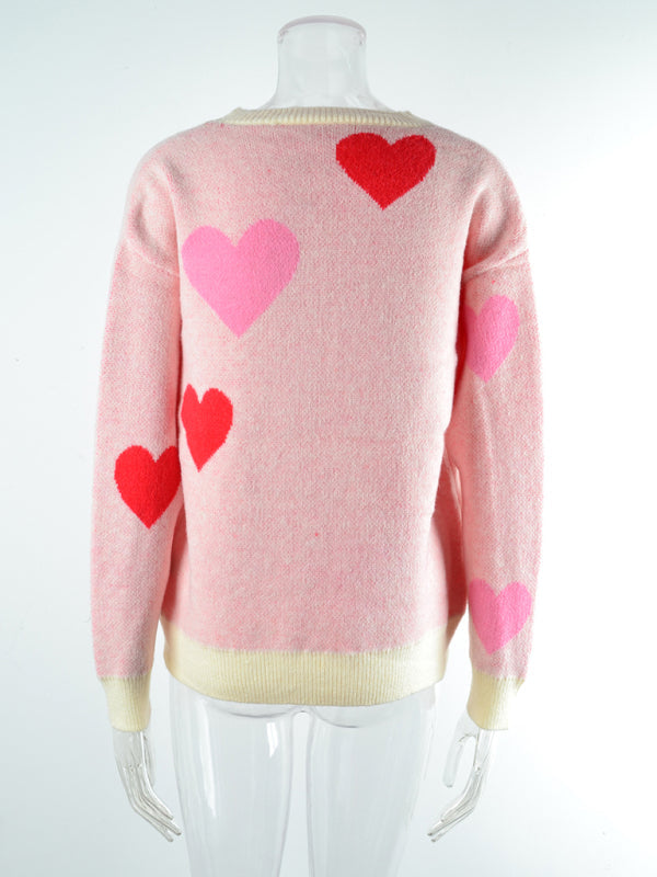 Sweaters-Valentine’s Day Cuddle Love Theme Knit Sweater Jumper-Pekosa Women Clothing