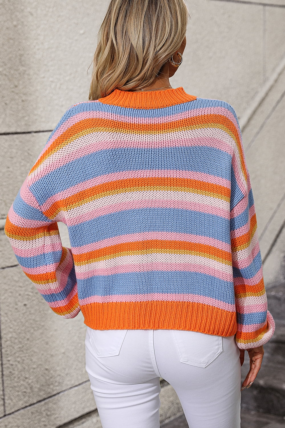 Sweaters- Vibrant Stripe Knit Sweater - Long Sleeve Round Neck Knitwear- - Pekosa Women Clothing