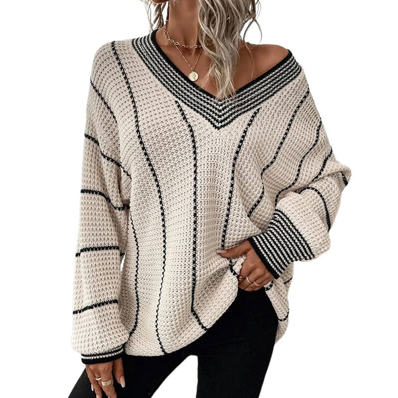 Waffle Textured Stripe Knitted V-Neck Sweater Jumper | Sweaters | Pekosa Women Clothing