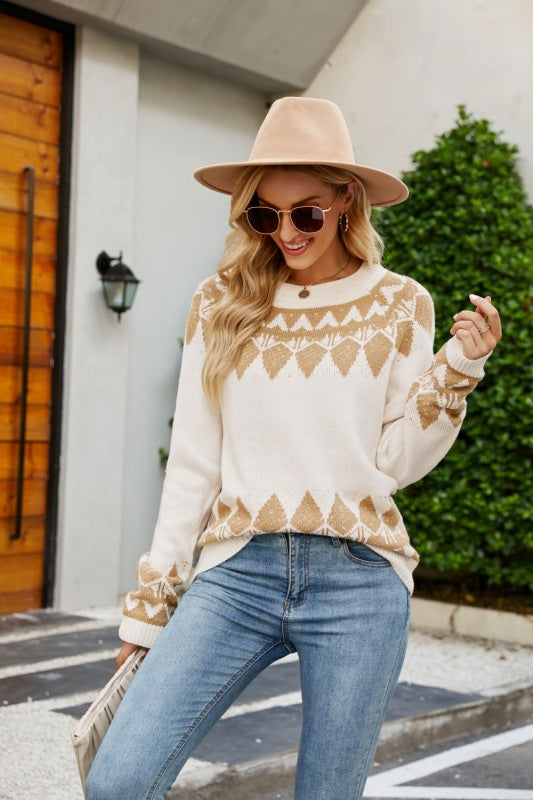 Winter Jumper Geometric Knit Crewneck Sweater | Sweaters | Pekosa Women Clothing