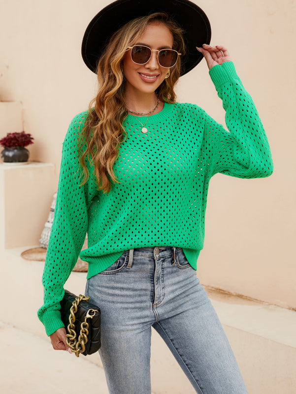 Sweaters- Women's Cotton Eyelet Sweater - Round Neck Knitwear Pullover- Green- IndioGear Fashion and Gear