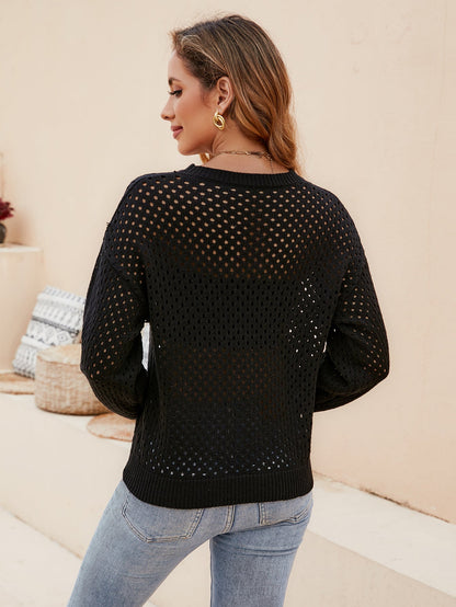 Sweaters- Women's Cotton Eyelet Sweater - Round Neck Knitwear Pullover- - IndioGear Fashion and Gear