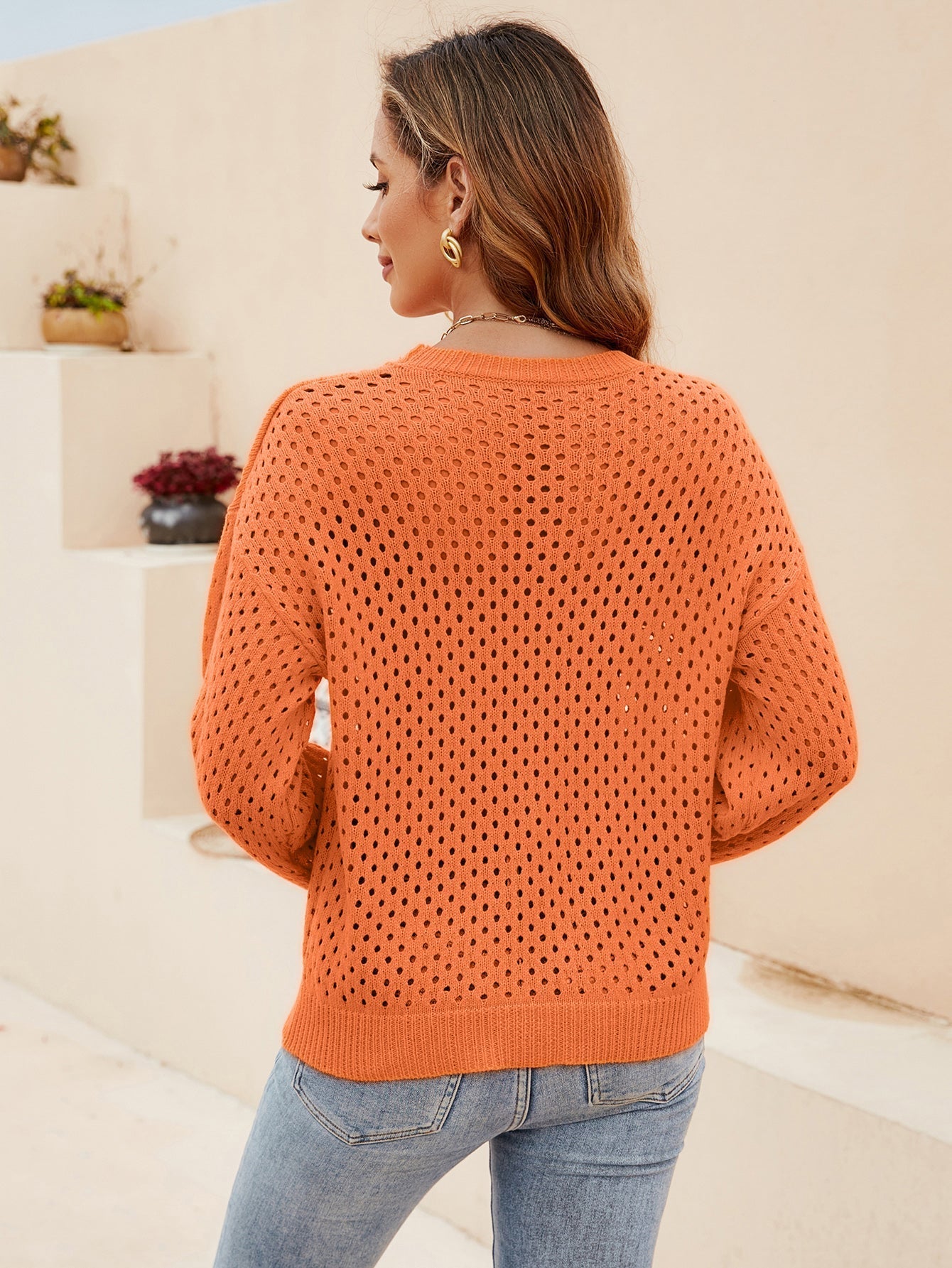 Sweaters- Women's Cotton Eyelet Sweater - Round Neck Knitwear Pullover- - IndioGear Fashion and Gear