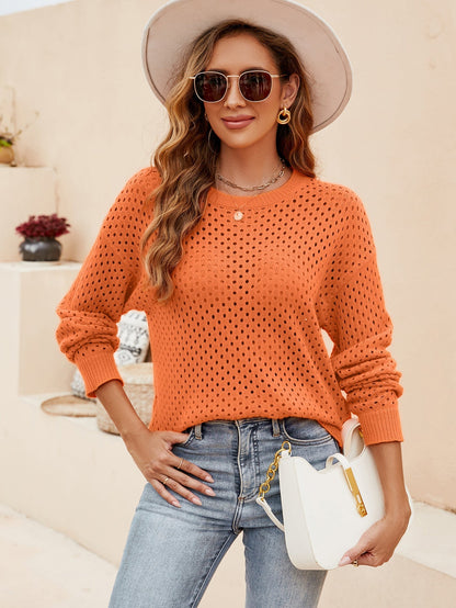 Sweaters- Women's Cotton Eyelet Sweater - Round Neck Knitwear Pullover- - IndioGear Fashion and Gear