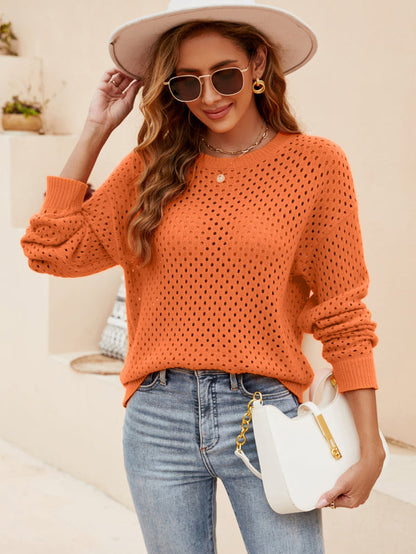 Sweaters- Women's Cotton Eyelet Sweater - Round Neck Knitwear Pullover- Orange- IndioGear Fashion and Gear