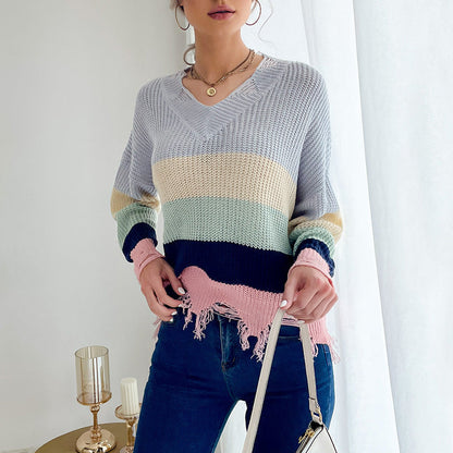 Sweaters- Women's Frayed Knit Top - Distressed Sweater- Clear blue- Pekosa Women Clothing