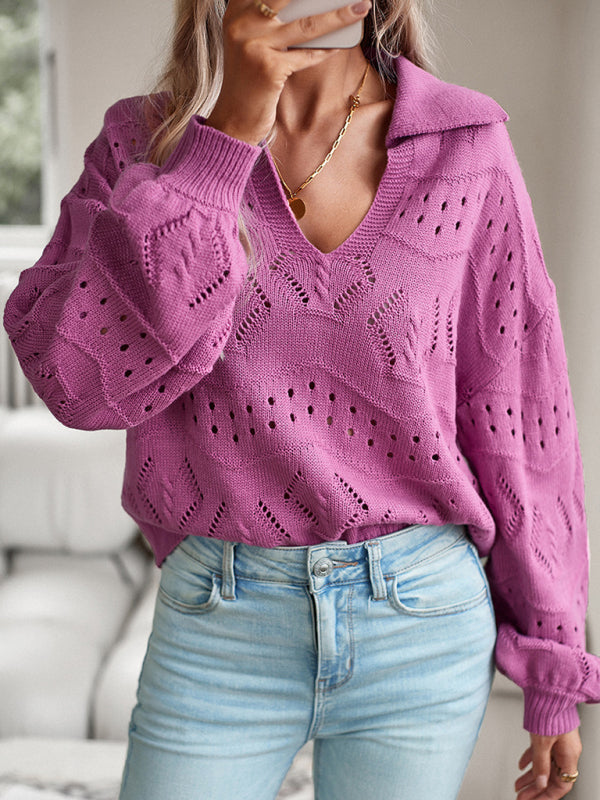 Sweaters- Women’s Long Sleeve Turn Down Sweater - Chic Knit Openwork- - Pekosa Women Clothing