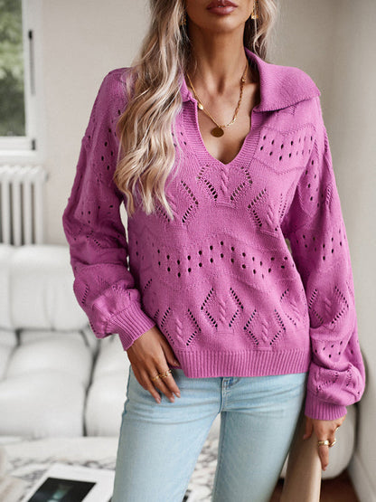 Sweaters- Women’s Long Sleeve Turn Down Sweater - Chic Knit Openwork- - Pekosa Women Clothing