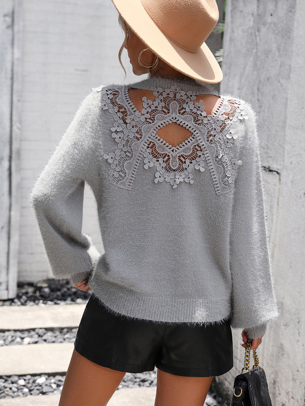 Sweaters- Women's Sweater with Lace Insert Back - Cozy Elegant Knitwear- Grey- Pekosa Women Clothing