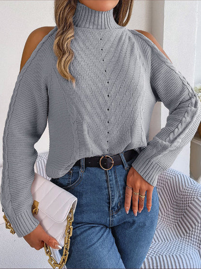 Sweaters- Wool Cold Shoulder Sweater - High Neck, Cable Knit Pullover- Grey- IndioGear Fashion and Gear