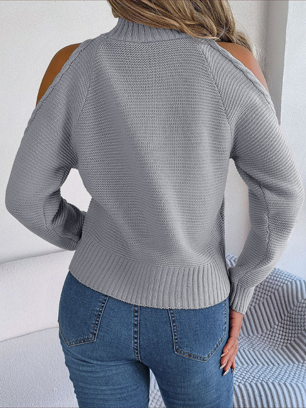 Sweaters- Wool Cold Shoulder Sweater - High Neck, Cable Knit Pullover- - IndioGear Fashion and Gear