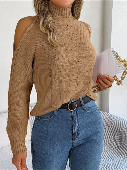 Sweaters- Wool Cold Shoulder Sweater - High Neck, Cable Knit Pullover- - IndioGear Fashion and Gear