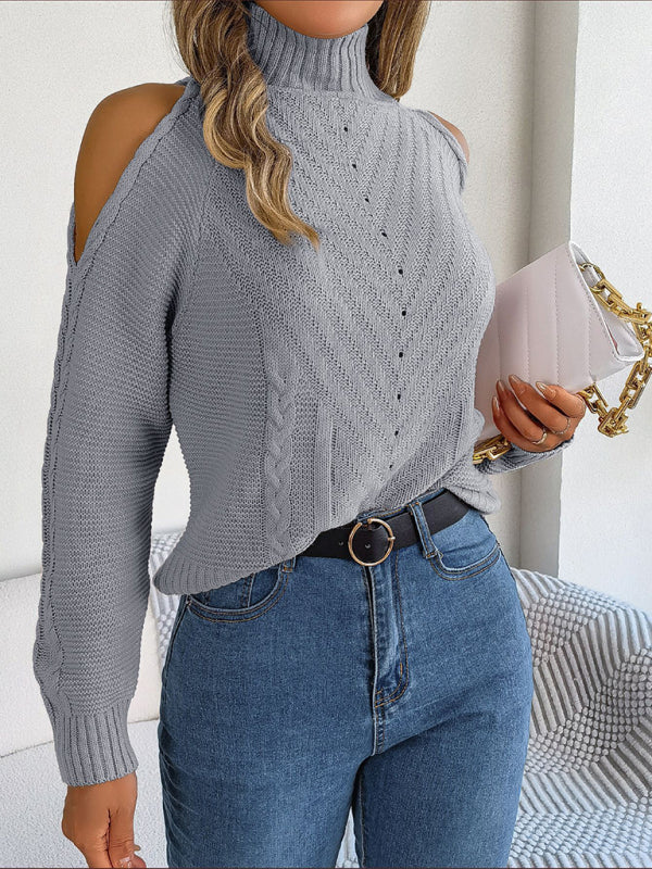 Sweaters- Wool Cold Shoulder Sweater - High Neck, Cable Knit Pullover- - IndioGear Fashion and Gear