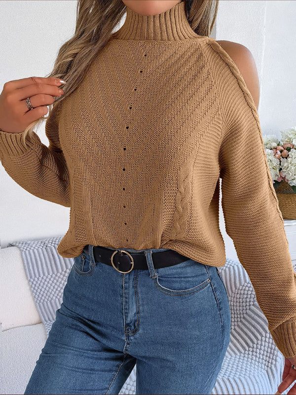 Sweaters- Wool Cold Shoulder Sweater - High Neck, Cable Knit Pullover- - IndioGear Fashion and Gear