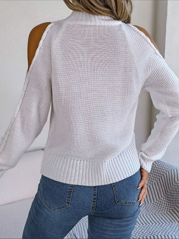 Sweaters- Wool Cold Shoulder Sweater - High Neck, Cable Knit Pullover- - IndioGear Fashion and Gear