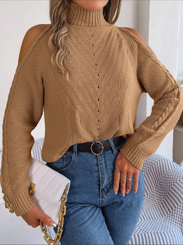 Sweaters- Wool Cold Shoulder Sweater - High Neck, Cable Knit Pullover- - IndioGear Fashion and Gear