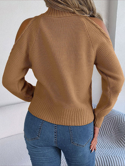 Sweaters- Wool Cold Shoulder Sweater - High Neck, Cable Knit Pullover- - IndioGear Fashion and Gear