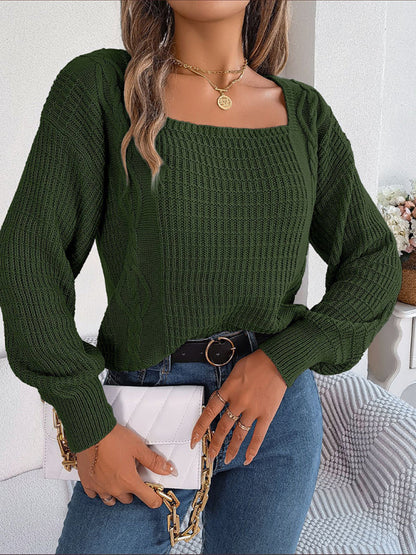 Sweaters- Wool Lantern Sleeve Sweater - Square Neck, Cable Knit Accents Knitwear- Olive green- IndioGear Fashion and Gear