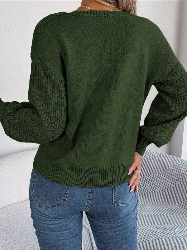 Sweaters- Wool Lantern Sleeve Sweater - Square Neck, Cable Knit Accents Knitwear- - IndioGear Fashion and Gear