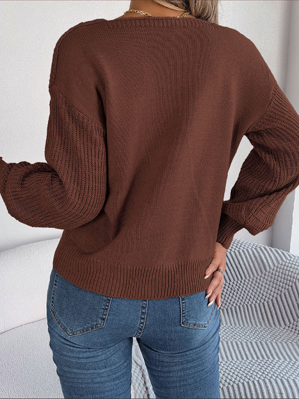 Sweaters- Wool Lantern Sleeve Sweater - Square Neck, Cable Knit Accents Knitwear- - IndioGear Fashion and Gear